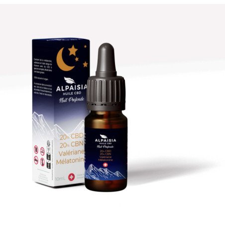 Flacon d’huile CBD 20% Nuit Profonde ALPAISIA avec pipette et gouttes